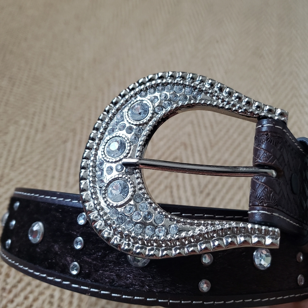 Western Rhinestone Faux Fur Belt 42"